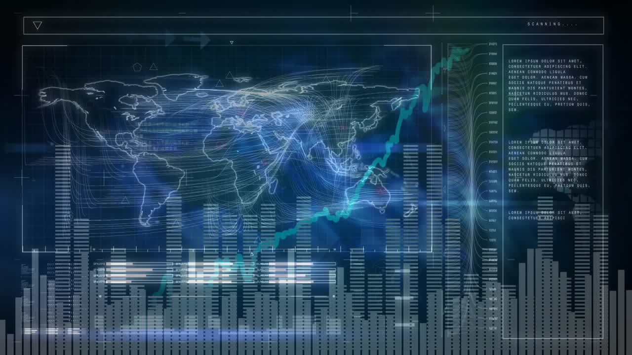 Animation of diverse data and graphs over navy digital screen