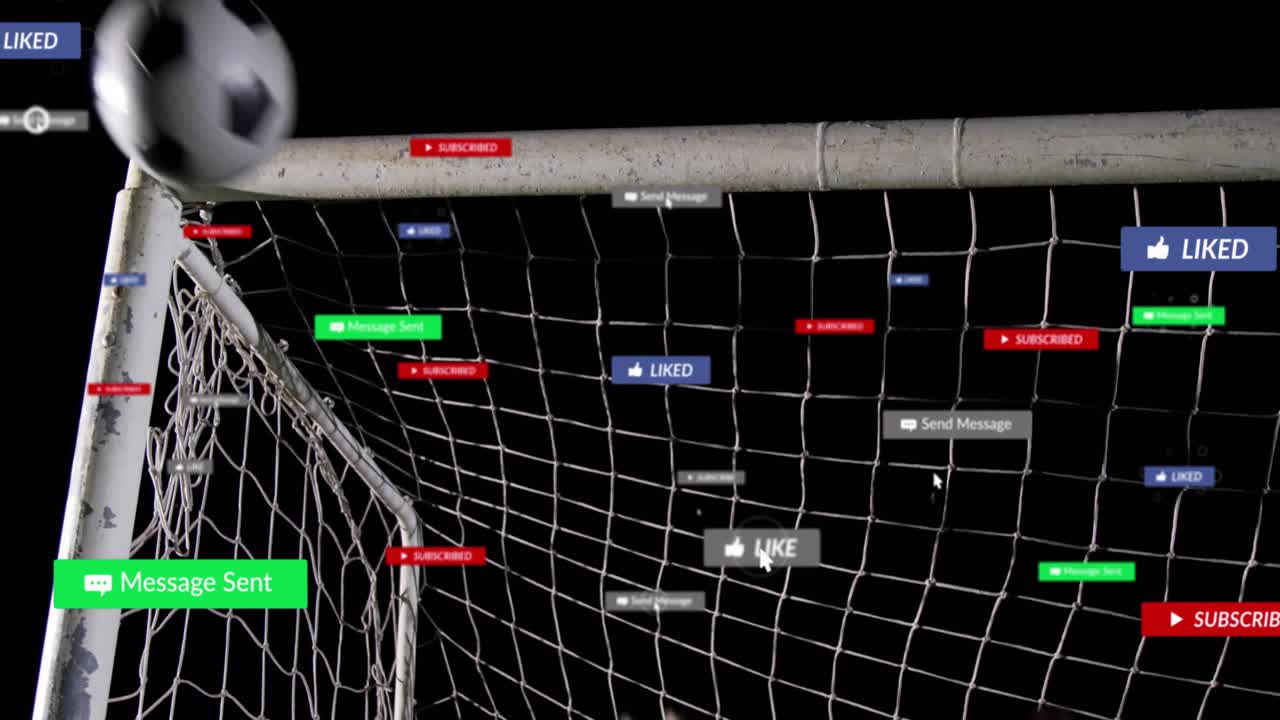 Bola de futebol acertando a rede do gol, ícones sociais flutuando ao redor, marketing esportivo mostrando engajamento.