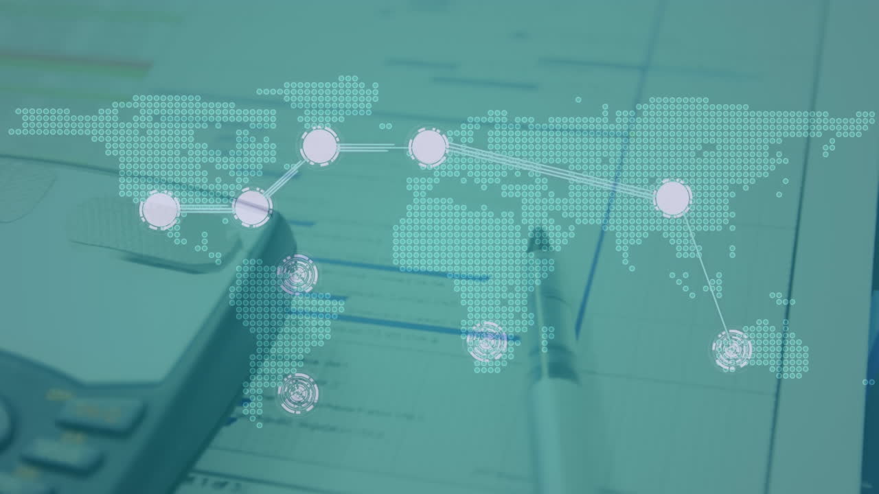 세계 지도, 결제 터미널 및 청구서와 연결 네트워크의 애니메이션