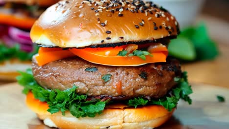 un primer plano de una hamburguesa con lechuga, tomate y cebolla en un pan