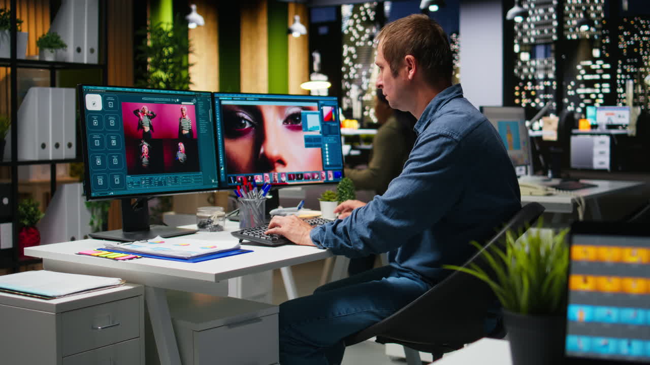 Male skilled editor using AI chatbot turning text prompt into photos