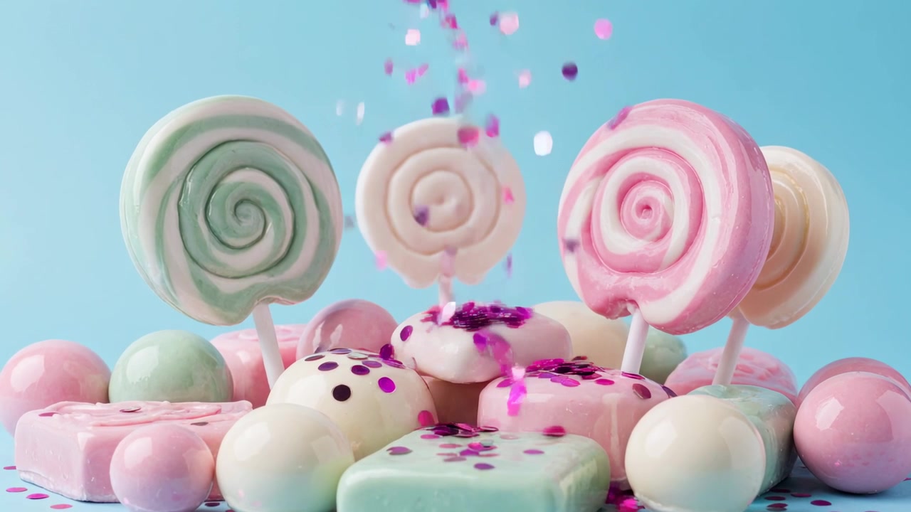 Roze en paarse confetti valt op gecentreerde snoepstapel in studio, verzamelt zich op spiraalvormige lolly's