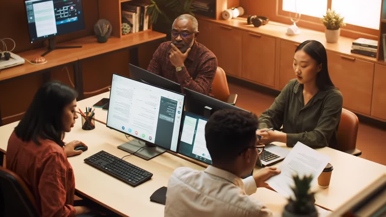 Team Collaboration in a Modern Office: A Diverse Group Engages in a Productive Meeting Around High-Tech Monitors and Laptops