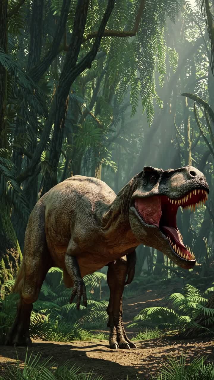 Un'inquadratura drammatica dal basso verso l'alto di un dinosauro ruggente in una giungla fitta, che evoca un'atmosfera da video cinematografico
