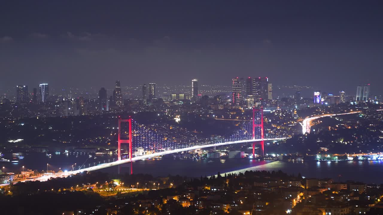 Istanbul night city general view. Timelapse video.