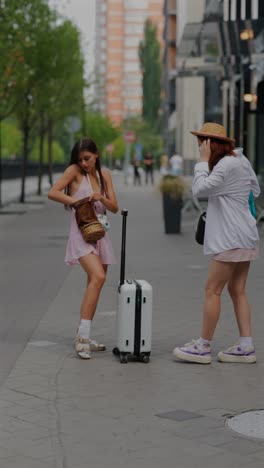 two women having a conversation on the street with luggage