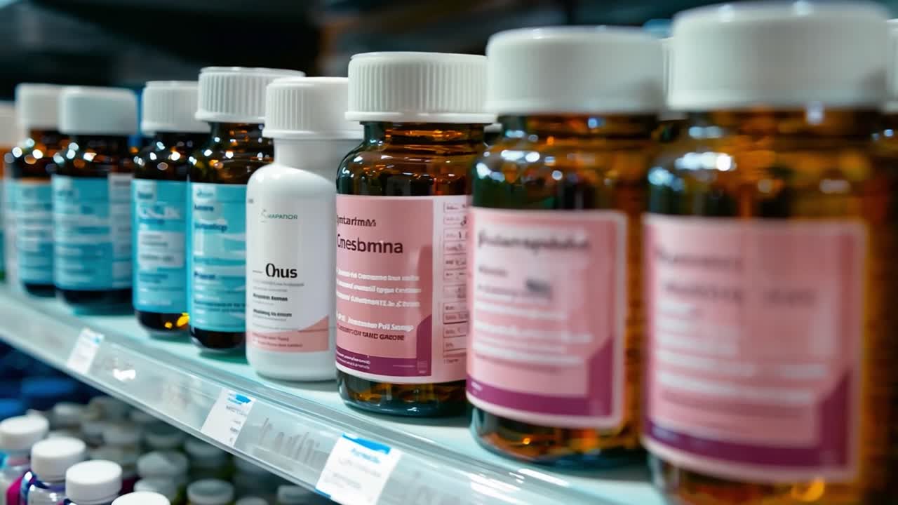 Shelves of medicine bottles in a pharmacy