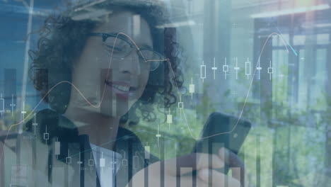 animation of financial data processing over smiling biracial businessman using smartphone