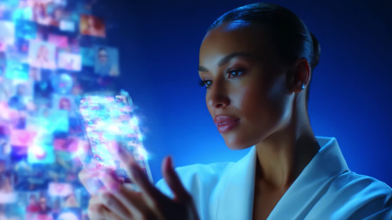 A woman engaging with a vibrant digital interface, illuminated by glowing images, as she navigates through a captivating visual experience, demonstrating the intersection of technology and human emotion