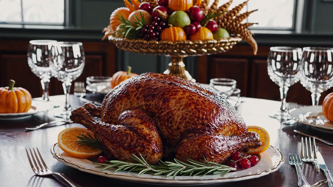 Festive dinner table with roasted turkey, fruits, and pumpkins