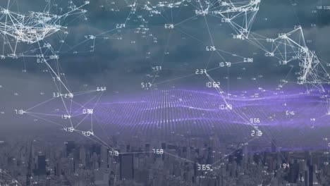 animation of network of connections and light spots over cityscape