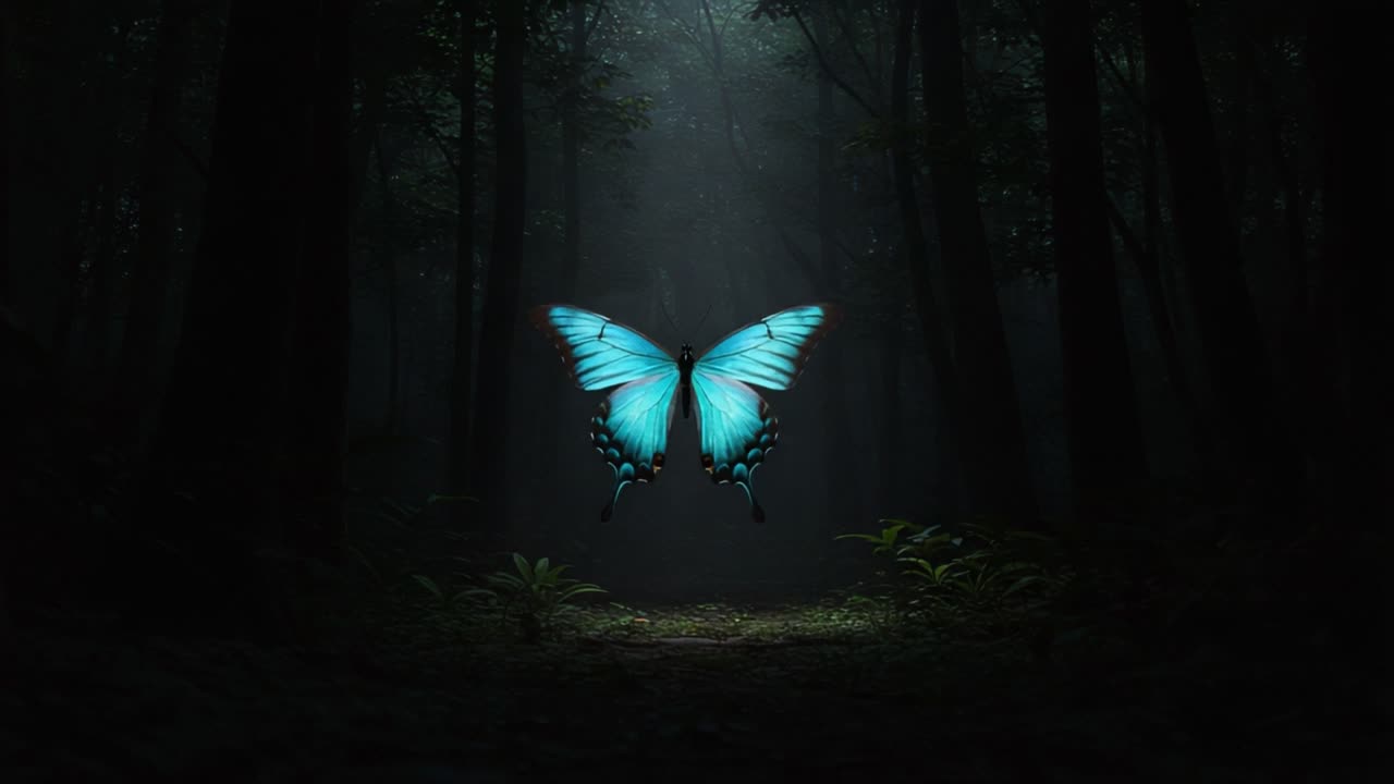A Captivating Butterfly Glows Amidst a Mysterious Forest Scene, Illuminating Nature's Beauty with Its Vibrant Blue Wings in a Serene, Enigmatic Atmosphere