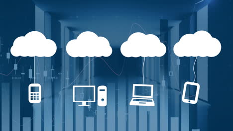 Animation-Von-Mediensymbolen-Und-Diagrammen-über-Dem-Serverraum