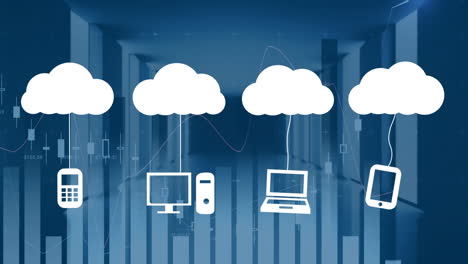 animazione di icone multimediali e diagrammi sulla sala server