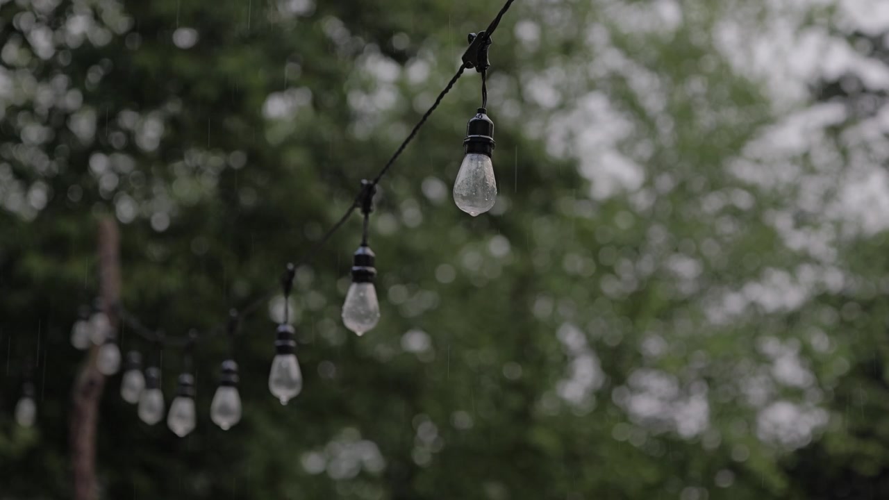Raindrops fall on a string of outdoor lights surrounded by vibrant green foliage. Ideal for themes of tranquility and nature. Perfect for use in weather-related projects.