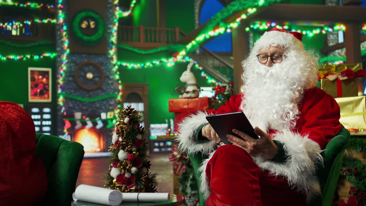 산타클로스가 축제적 인 크리스마스 설정에서 태블릿을 사용합니다.