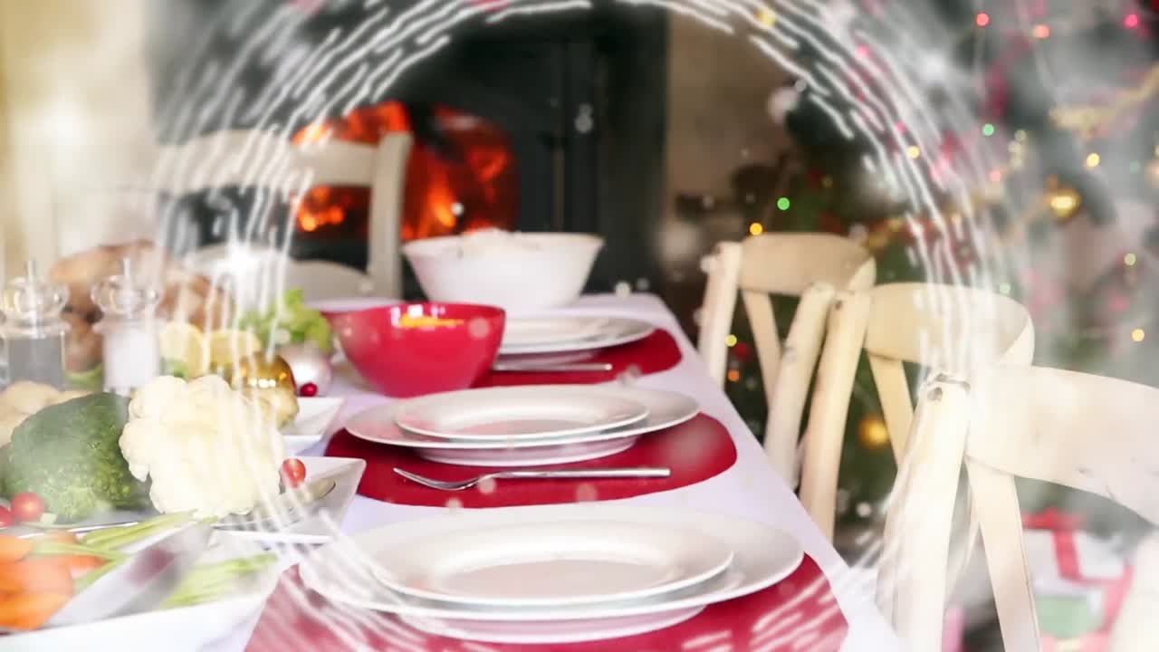 animación de la mesa para la comida de navidad con círculos giratorios blancos