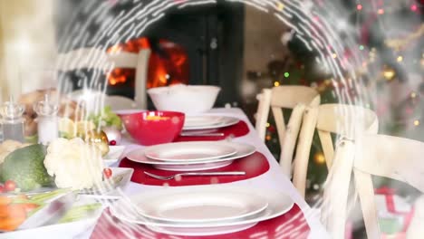 Animation-of-table-set-for-christmas-meal-with-white-spinning-circles