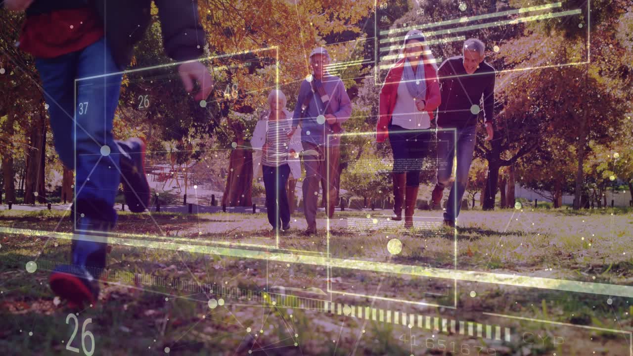 Family emerging along autumn park path, activating semi-transparent panels tracking fitness metrics
