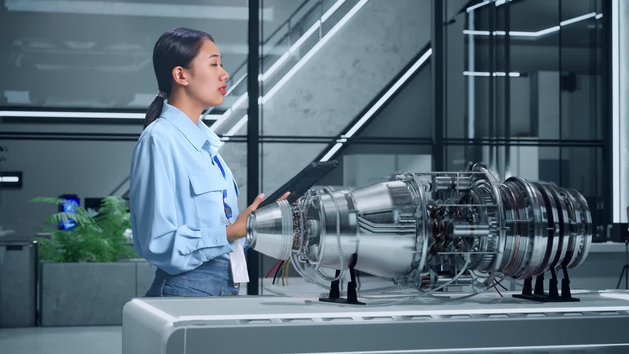 여성 엔지니어가 제트 엔진 프로토타입을 조사하고 있습니다.
