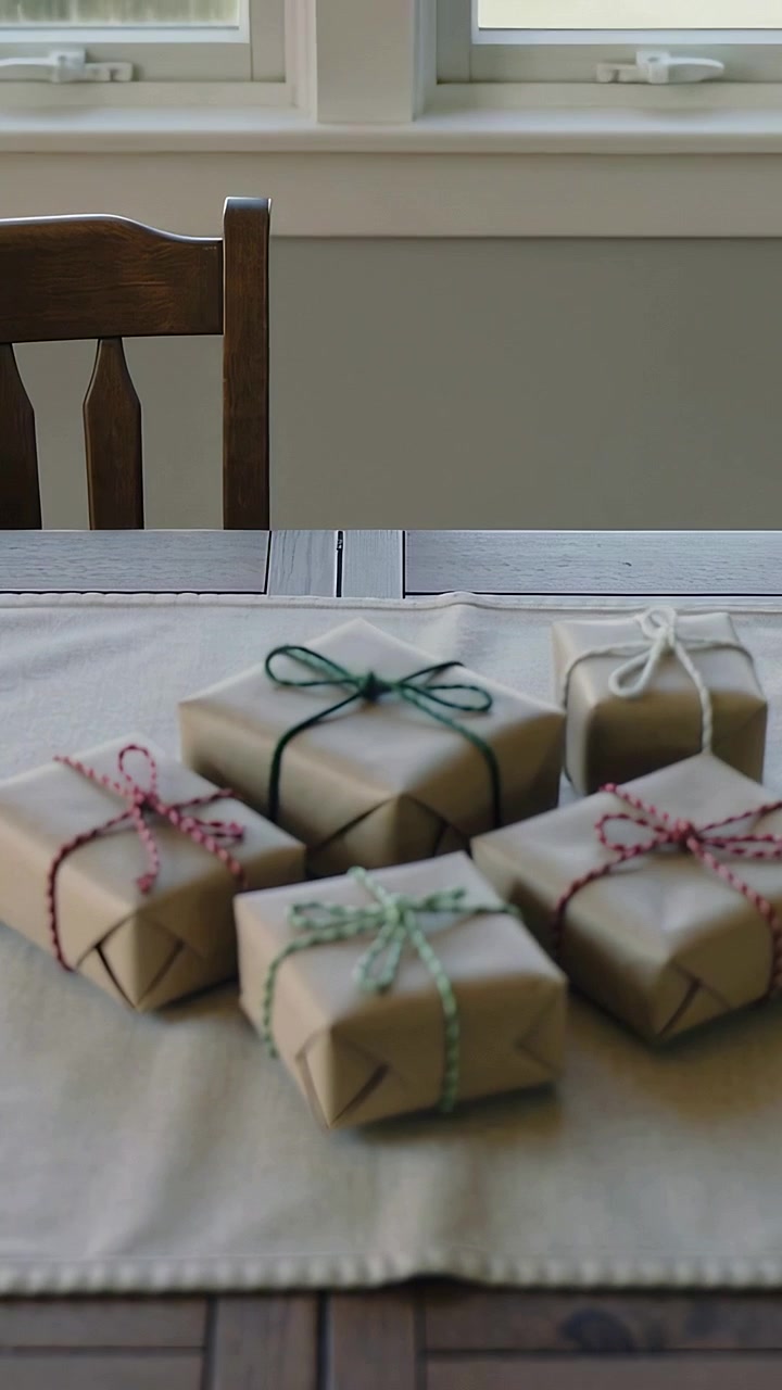 Vertical video: Leaning woman arranging five kraft gifts on runner under window