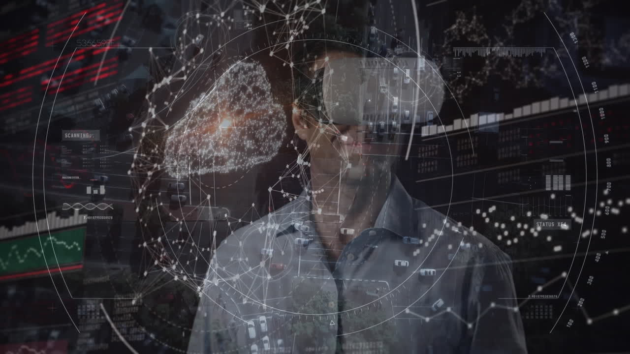 Animation of scope scanning and data processing over man wearing vr headset