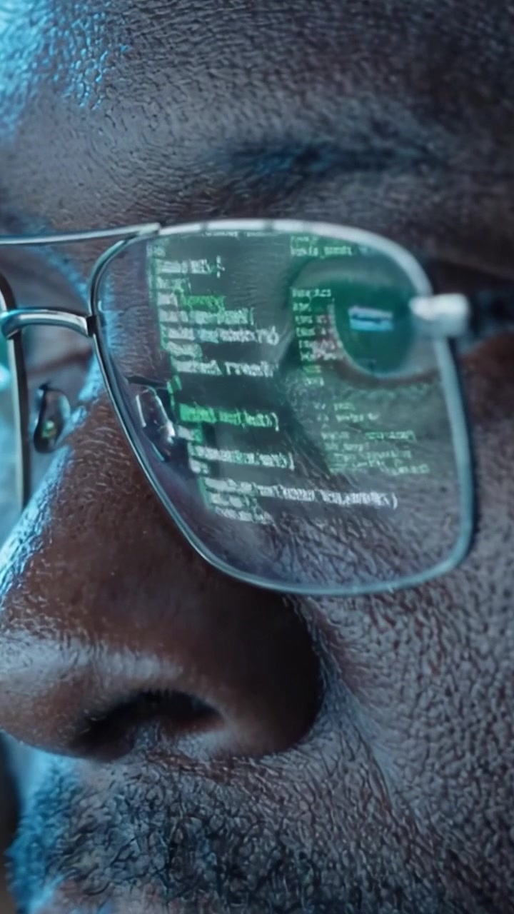 An Intense Moment of Focus: A Programmer Deep in Thought Analyzing Code Reflected in Glasses, Highlighting the Intricacies of Software Development and Problem Solving.