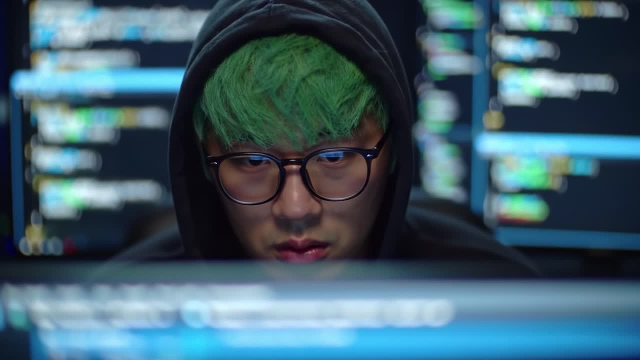 A focused individual immersed in a digital atmosphere, reflecting the intensity of coding and cyber activities in a contemporary technology-driven environment