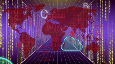 Animation-of-world-map,-binary-coding-and-data-processing-over-computer-servers