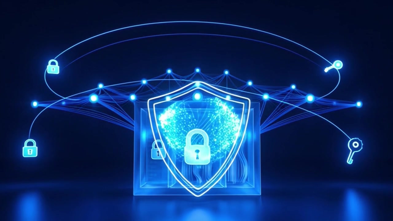 Digital Cybersecurity Concept with Glowing Shield and Padlock Animation