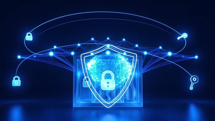 Digital Cybersecurity Concept with Glowing Shield and Padlock Animation
