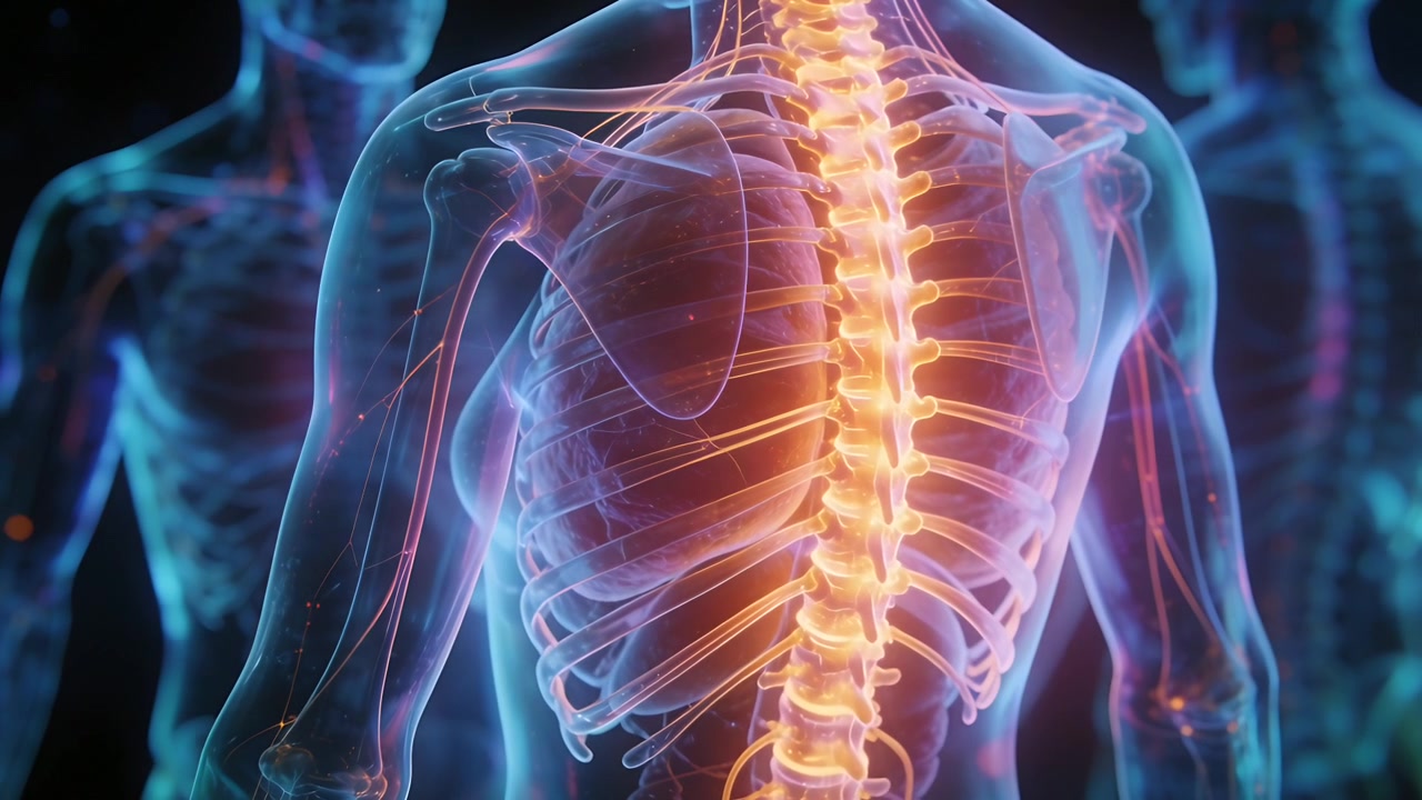 Torso translúcido mostrando una columna vertebral resaltada en una representación médica, con trazados neuronales con fines educativos.
