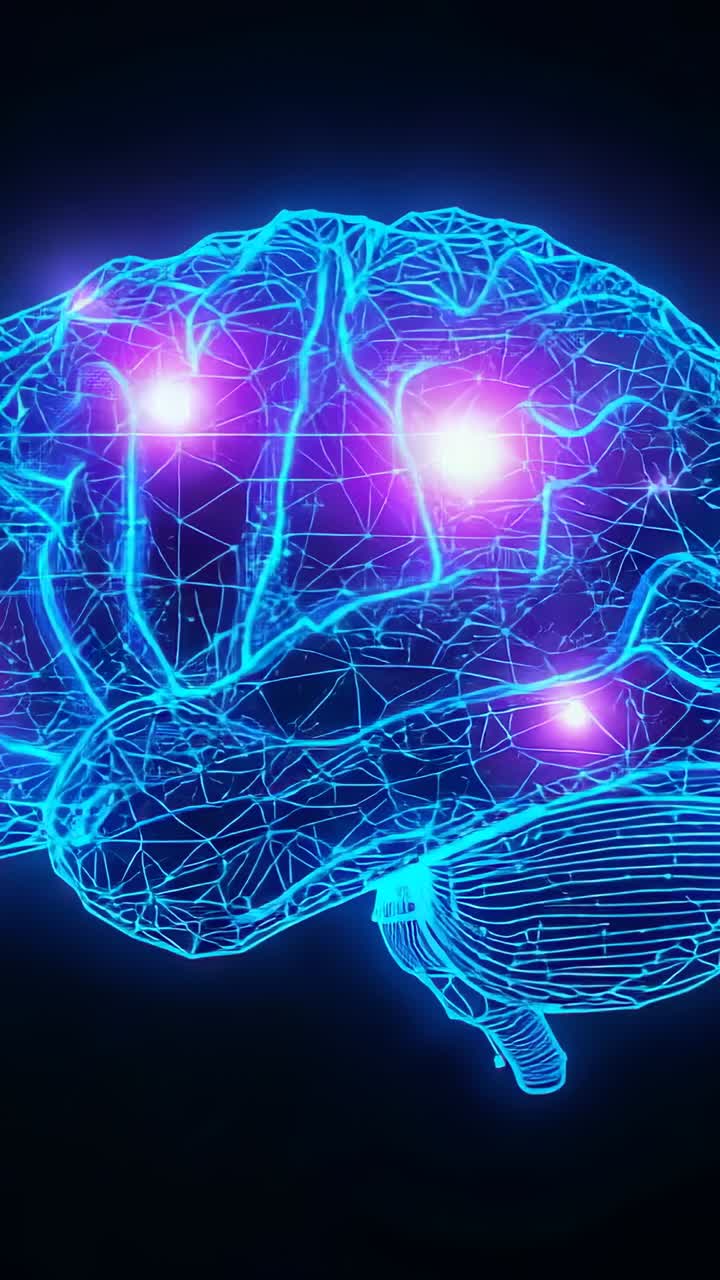 Vertical video: At start, blue mesh brain pulsing on black, magenta nodes shifting showing signals