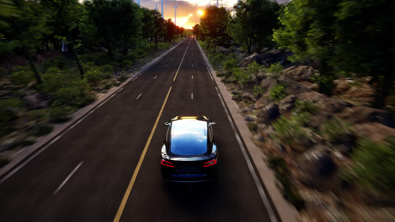 3D Render Of Generic Electric Car Drives On A Road With Wind Turbines In The Background. Realistic 3D Animation