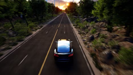 renderización 3d de coches eléctricos genéricos en una carretera con turbinas eólicas en el fondo. animación 3d realista