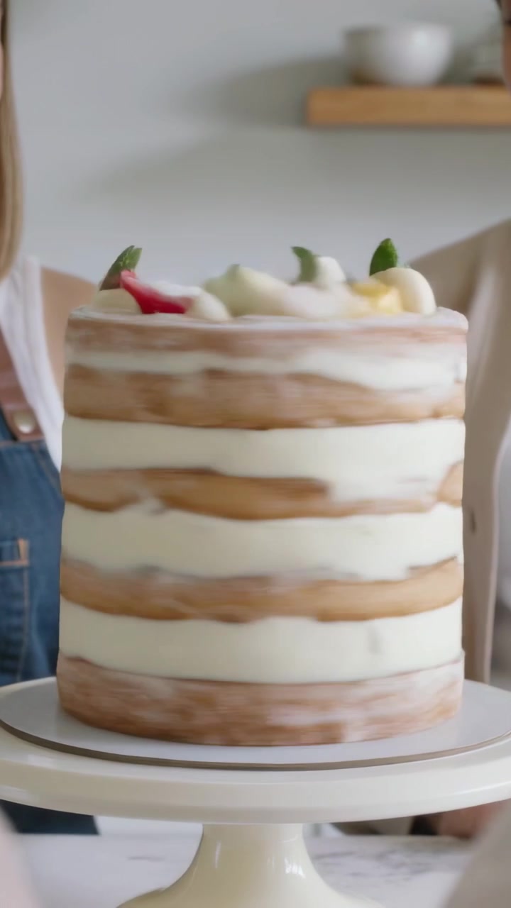 Video verticale: Espositore girevole che mostra fornai che presentano una torta a strati in cucina, con frutta e un grembiule di jeans.