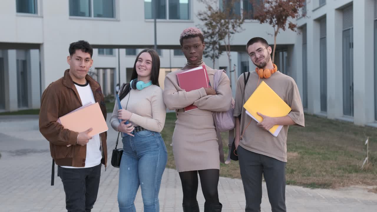 Happy multiethnic group of students smiling at the camera standing outside at the university campus