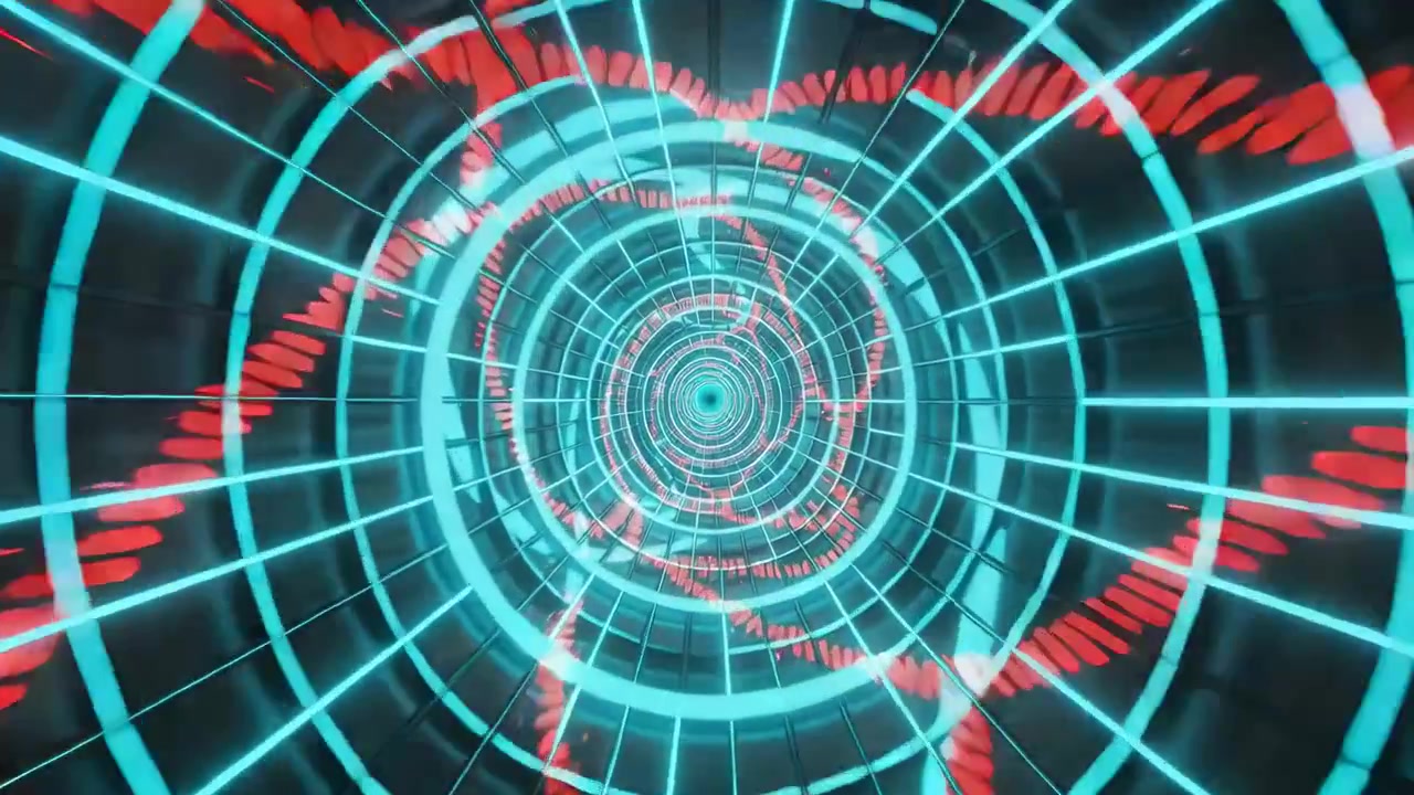 Playback starting propelling neon cyan concentric spoked tunnel into viewport, showing red waveform