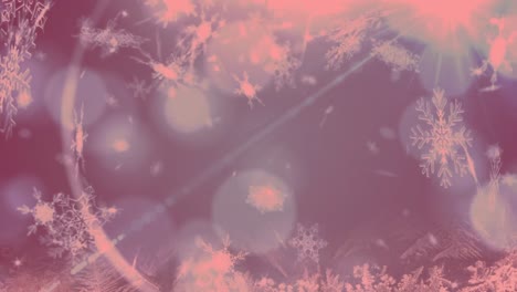 digital animation of snowflakes falling over spots of light against blue background