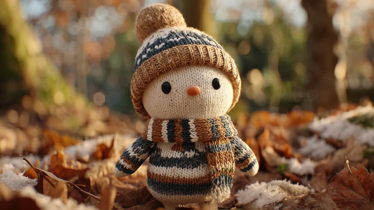 Charming Snowman Figurine Surrounded by Autumn Leaves in a Serene Outdoor Setting with Soft Natural Lighting Enhancing its Handcrafted Features