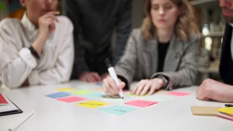 business team brainstorming using color labels on table in office. woman is writing on stickers sitting at desk in office room