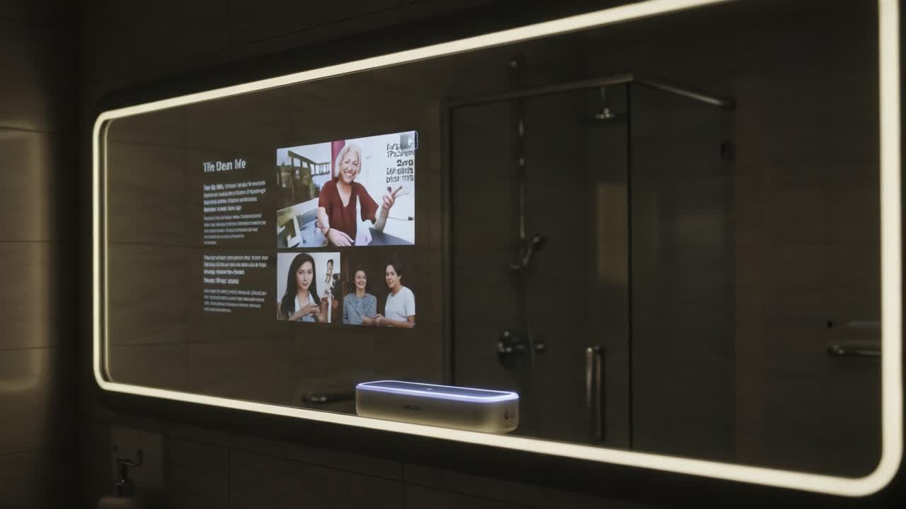 Smart Mirror Technology Showcasing Interactive Display Features in a Modern Bathroom Environment, Enhancing Daily Routines with Information and Connectivity