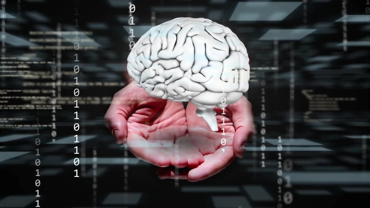 Hands appearing then raising brain floating above palms, binary streams cascading visualizing data
