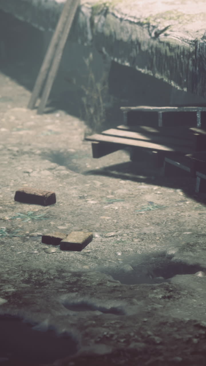 Urban decay and forgotten remnants on a deserted riverside pathway at dusk