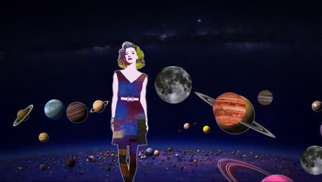 woman in cosmic landscape with planets