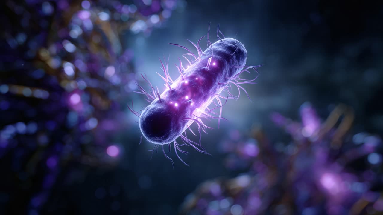 Close-Up View of a Vibrant Microbial Structure Emitting Glowing Filaments in a Dark, Abstract Environment Depicting Intricate Biological Processes at Micro Scale