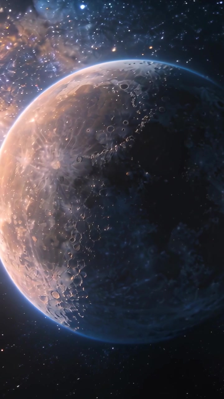 Video vertical: Iluminación a la izquierda, planeta con cráteres girando en el espacio, revelando el borde y escombros a la deriva
