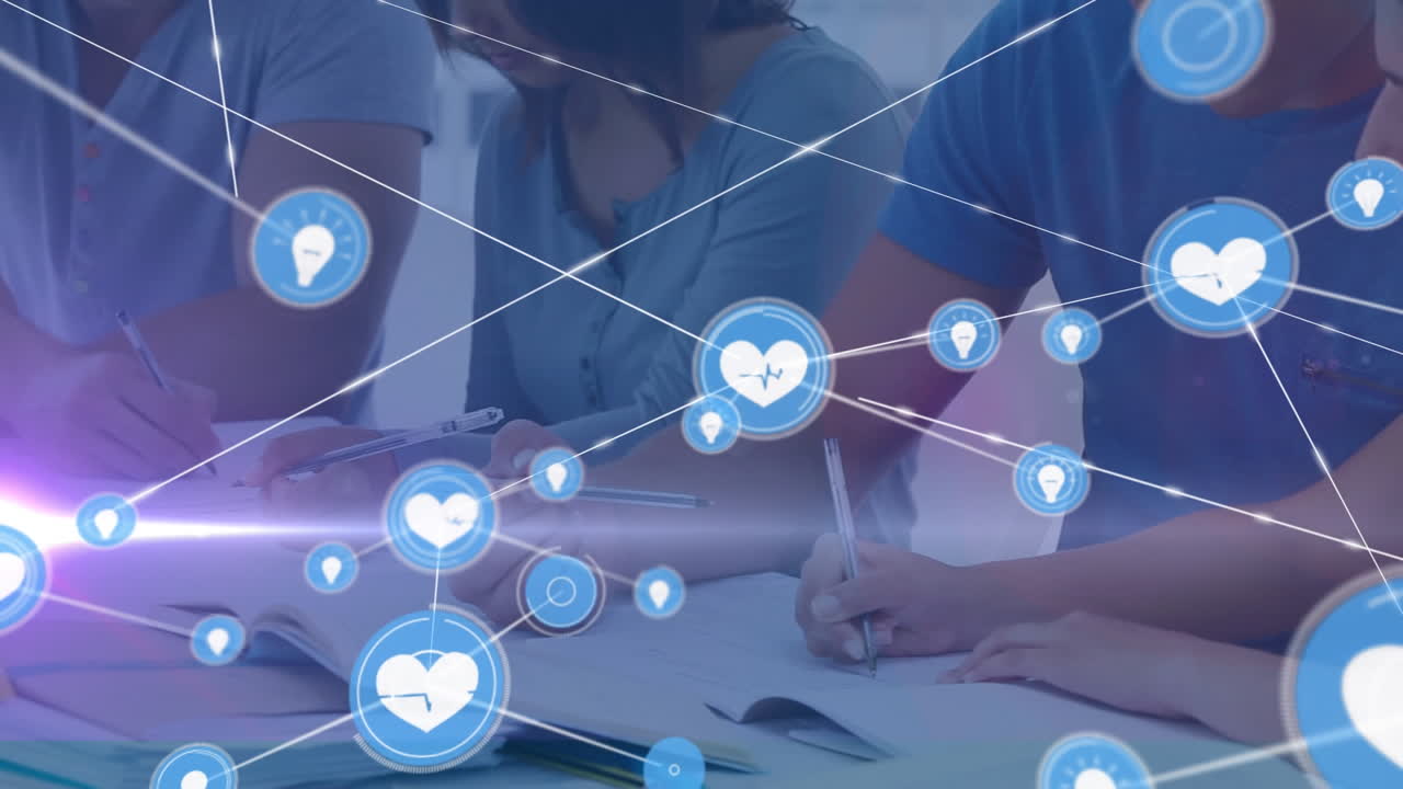 학생들 위의 아이콘으로 연결된 네트워크의 애니메이션