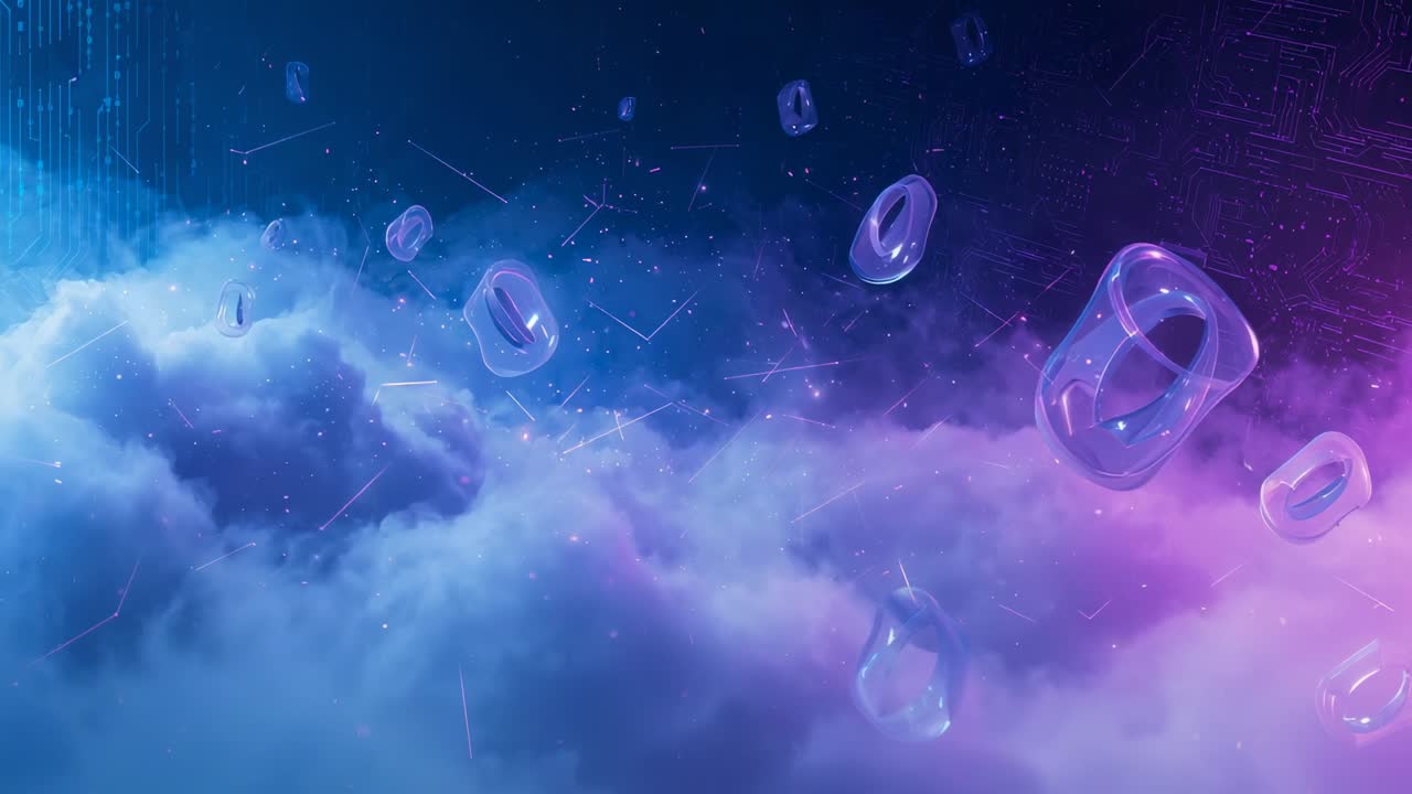 Nuvola di nebulosa alla deriva e anelli toroidali che scivolano a sinistra sopra il cielo, tonalità viola che si muovono a destra, griglia, stelle