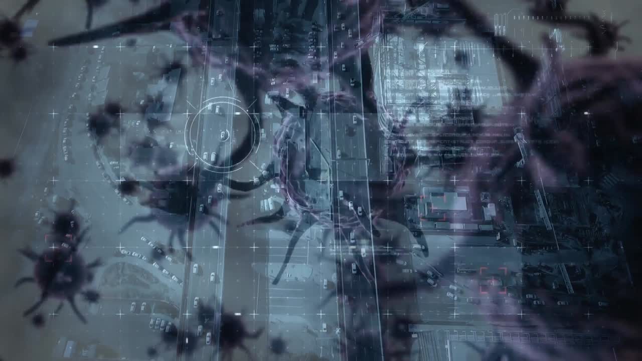 animación del virus de la corona con la ciudad en el fondo